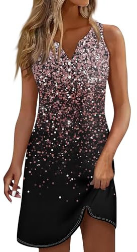 Sommerkleid Damen Leicht Kleid Damen Kleid Boho Sommerkleid Damen Kleider Sommer Party Kleid Freizeit Swing Strandkleider Mit Taschen Lang Für Rundhals Glitzer Kleid Sommerkleid（5-Light Green,3XL）