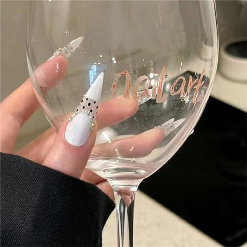 Stiletto Long Handmade Press on Nails Black Polka dots Nail Art Decoration Pearl White Glossy Manicure for Women and Girls 10PCS (G03-M)