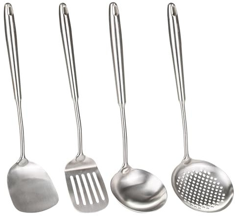 FJNATINH 4 Pieces Wok Spatula and Ladle Ladle Chinese Wok Utensil Set 304 Stainless Steel Cooking Utensils