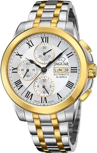 JAGUAR Swiss Made Uhr Automatik Herren aus Edelstahl 316L Goldfarben | Analog, Kalender, Widerstandsfähiges Saphirglas, Wasserdicht 10 ATM J1001/1, Silberfarbenes Zifferblatt, Hypoallergen