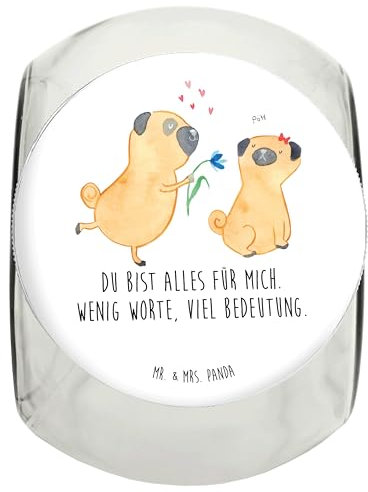 Mr. & Mrs. Panda Leckerli Glas Mops Verliebt L 870ml - Geschenk, Hundemama, knuffig, Liebe, Leckerli Dose, Hundeleckerlies Behälter, Leckerli Glas