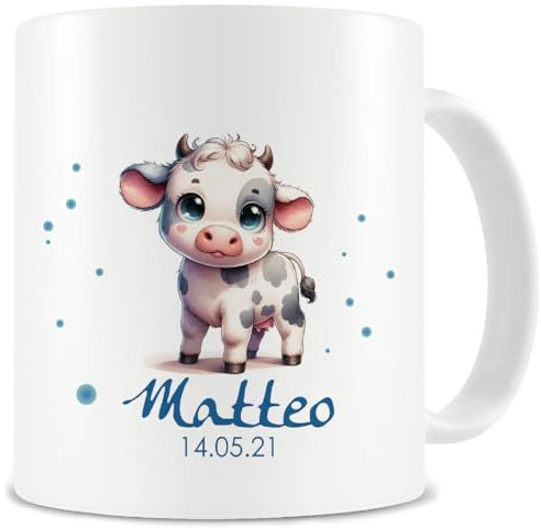 Samunshi® Kindertasse mit Namen Tasse mit Baby Kuh Personalisierte Tasse Namen Kinder Kinderbecher personalisierbar Wunschname für Kindergarten oder Geburtstag weiß 300ml