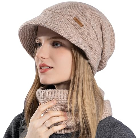 Gajaous Damen Mütze Schal Set, lässige Strickmütze warme Strickmütze Dicke Fleece gefütterte Wintermütze Nackenwärmer Set (2 Teile)