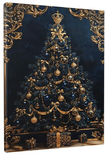 Elegante arte de pared de árbol de Navidad azul y dorado, decoración del hogar de vacaciones, lienzo estético festivo para sala de estar, dormitorio, sin marco, 40,6 x 50,8 cm