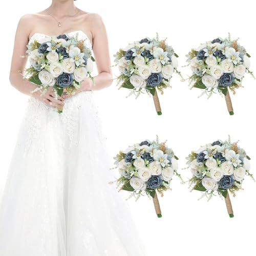 HOMENERGY Set of 4 Bridesmaid Bouquets for Wedding - 7 Inch Artificial Rose Flower Bouquet for Bridesmaids Premade Floral Bouquets Party Ceremony Anniversary Decor - Dusty Blue