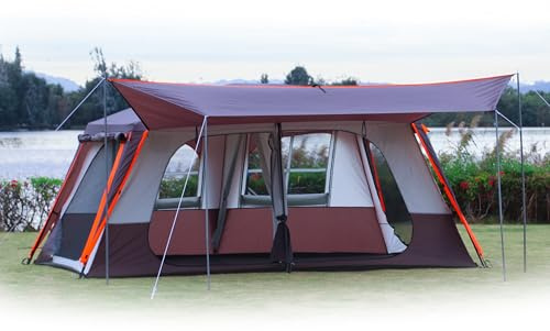 KTT Extra großes Zelt für 12 Personen, Vorzelt, Familienzelte, 2 Zimmer, 4 Türen und 4 Fenster mit Netz, gerade Wand, wasserdicht, doppellagig, großes Zelt für Outdoor, Picknick, Camping