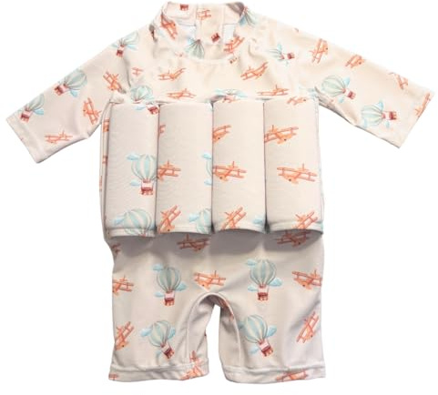 Costume da bagno da bambino bambino un pezzo aiuto alla galleggiabilità, galleggianti estraibili per sicurezza Fiducia, protezione UV+, motivo mongolfiere aerei, tuta a maniche lunghe, vintage, beige