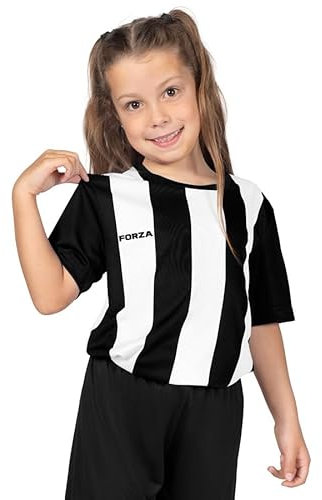 FORZA Kids’ Striped Football Shirt | Quick Dry Short Sleeve Jersey for Boys & Girls – Breathable & Sweat-Wicking Training Top [Ages 5-14] (UK, Age, 13 Years, 14 Years, Regular, Black & White)