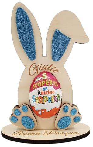 Faltec Porta Ovetto Kinder Sorpresa in Legno, Coniglietto Pasquale, Decorazione Pasquale Personalizzata - Idea Regalo Personalizzata Pasqua - Coniglietto in Legno Porta ovetto Kinder (Coniglietto 1)