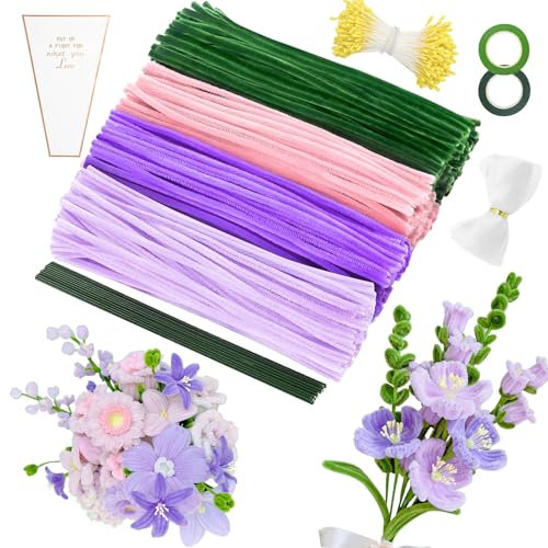 MOTONG 400 Stück Pfeifenreiniger zum Basteln-4 Farben Pfeifenputzer Rosa Lila zum Chenilledraht, 360 Stück Staubgefäße 20 Stück Blumendraht zum Basteln mit Geschenkband Pfeifenputzer Blumen Set