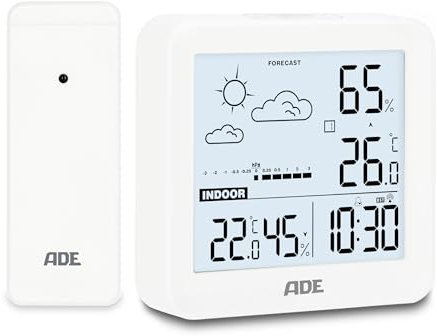 ADE Kleine digitale Wetterstation funk mit Außensensor und Wettervorhersage | Innen- und Außentemperatur | Luftfeuchtigkeit | Funkuhr mit Wecker | inkl. Batterien | weiß