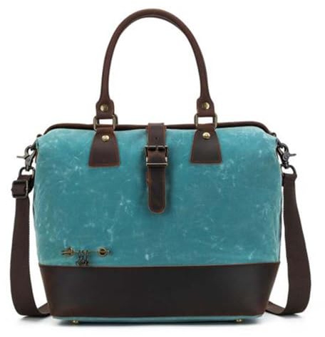 Della Q 116053 Makers Satchel Canvas Bag-Handgefertigte Tasche für Strick-oder Häkelprojekte, Leder Leinen, blaugrün, 34cm x 30cm x 18cm