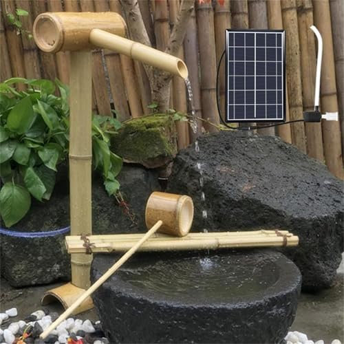 BLUEZY Fontana A Cascata in bambù Ad Energia Solare, Fontana d'Acqua per Accenti di bambù E Pompa E Pannello Solare 6W E Tubo d'Acqua 2M, Feng Shui Zen Fountain H70cm