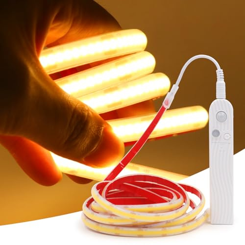 XUNATA COB LED Streifen mit Bewegungsmelder, 5V 320Leds/m Superhell Hohe Dichte, Wasserdicht IP68 Flex Strip Selbstklebend Lichtband für Treppen Kinderzimmer Schrankdeko (Warmweiß, 0.5M)