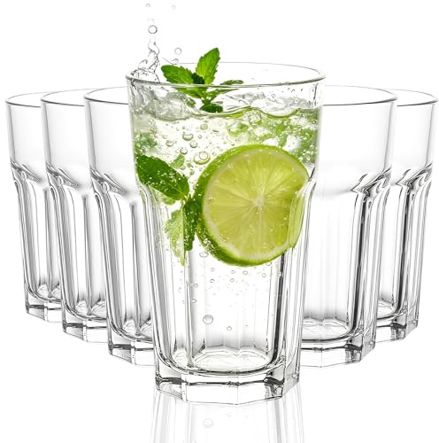 Gläser 6er Set 435 ml Trinkgläser, Wassergläser und Longdrinkgläser aus klarem Borosilikatglas, geriffelte Cocktailgläser für Wasser, Saft, Limonade, Bier, Milch, Eiskaffee und Party