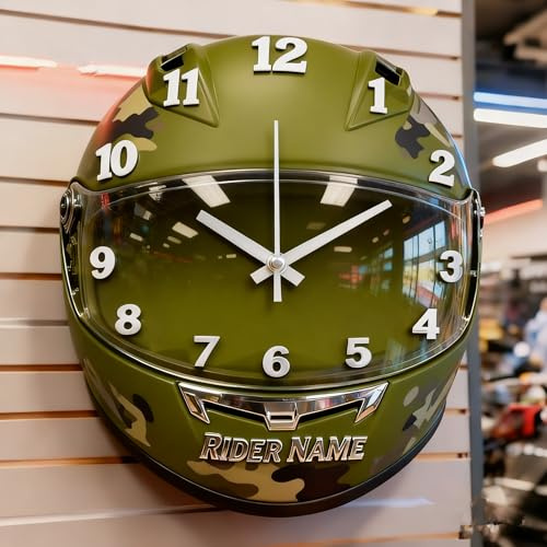 Certykllp Personalisierte Bikerhelm-Wanduhr, individuelle Rennhelmuhr, Wanddekoration, Uhren für Rennfahrer, Biker, Motorrad-Enthusiasten, 4
