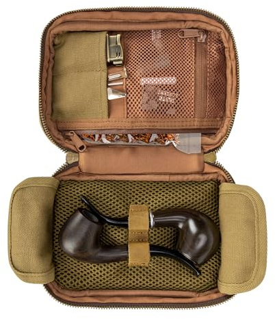 Yarwo Porta Pipe Tabacco Anti-Odore con Supporto Pelle, Cachi | Anti-Odore, Supporto Pelle, Compatto e Tela Cerata per 2 Pipe e Accessori da Fumo e Viaggio e Tabacco