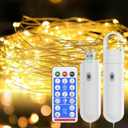 Orbecco Detachable Rechargeable Fairy Lights 10m, 100 LED String Lights with Remote & 8 Modes, IP67 Waterproof Outdoor & Indoor, No Battery Replacement, USB Charge for Garden Bedroom Christmas Decor