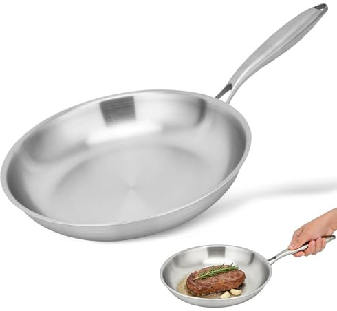 NBOUOU Stainless Steel Frying Pan, Durable Frying Pan for Everyday Cooking, Uncoated 24 cm Stainless Steel Fryings Pans, Riveted Handle, Induction Safe, Even Heat, Skillet, Induction Cookware