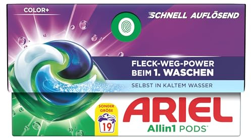 Ariel Allin1 PODS®, Flüssigwaschmittelkapseln 19 Wäschen, Color+, Fleck-Weg-Power ab der 1. Wäsche, selbst in kaltem Wasser