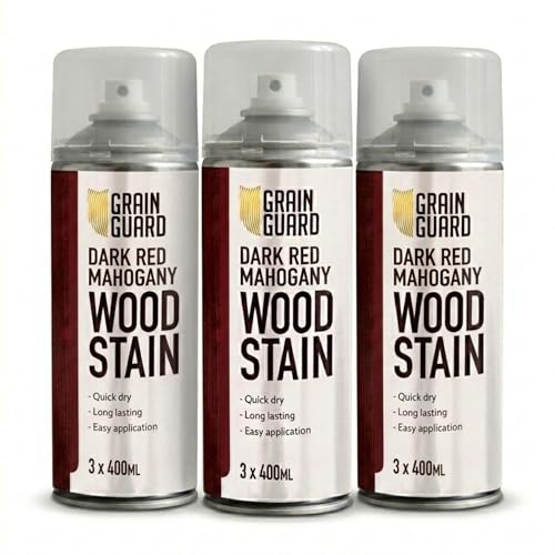 GRAIN GUARD Dark Red Mahogany 3x400ml Wood Stain Aerosol – Water Based Spray Wood Stain for Furniture, Doors & Cabinets – Quick Dry, Low Odour, Easy Apply Interior Wood Dye