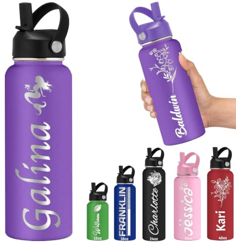 Personalised Water Bottles with Name Custom Water Bottle with Straw Lid | Customized 12/18/24/32/40oz Stainless Steel Double Wall Insulated Cup Engraved Logo Water Bottle for Women Men School Sports