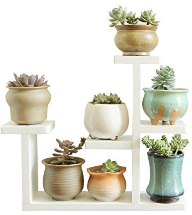 Exttlliy Wooden DIY Mini Tabletop Plant Stand Multi-Layer Concise Desktop Planter Holder for Home Office Decorative (White)