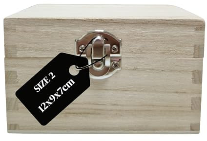 Filoro Plain Wooden Box Hinged Lid for Memory Keepsake Storage - Paint Decorate Customise for Creative DIY Craft - Trinket Jewellery Treasure Chest - Silver Clasp Lock – Small Size 2 (12 x 9 x 7cm)