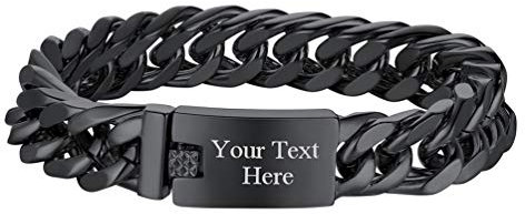 PROSTEEL Herren Armband personalisiert 19cm Panzerkette Armband schwarz Edelstahl Name Texte Gravur Glieder Link Armkette 16,5mm schwer Modeschmuck für Männer Jungen Geburtstag Vatertag