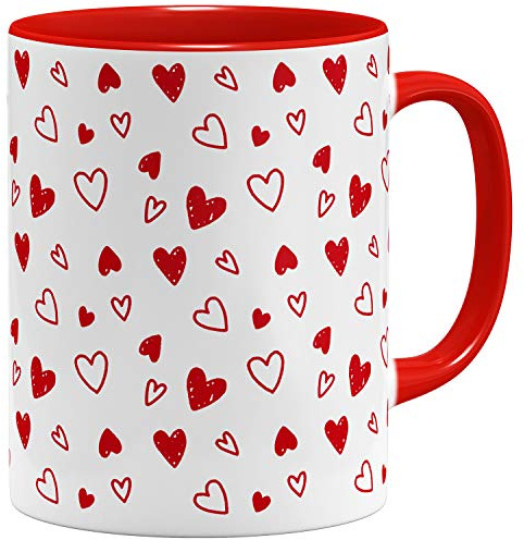 OM3® Herz-Muster Love Liebe Hearts Herzchen Tasse - Keramik Becher - 11oz 325ml - Beidseitig Bedruckt - Rot
