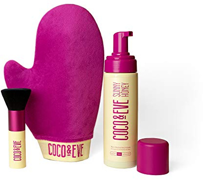 Coco & Eve Sunny Honey Bali Bronzing Bundle (Ultra Dark). All Natural Sunless Tanning Mousse. Sofortige Selbstbräunungslotion mit Bronzer, Mitt Applicator und Kabuki Brush.