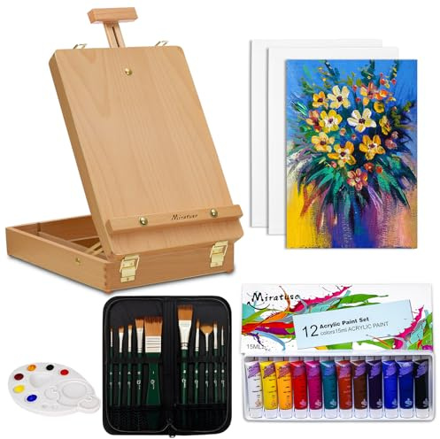 Deluxe Art Supplies 27 Pieces Art Set with Tabletop Easel, 12 Colors Acrylic Paint, 10 Paint Brushes, 3 Canvas Panels, Palettes