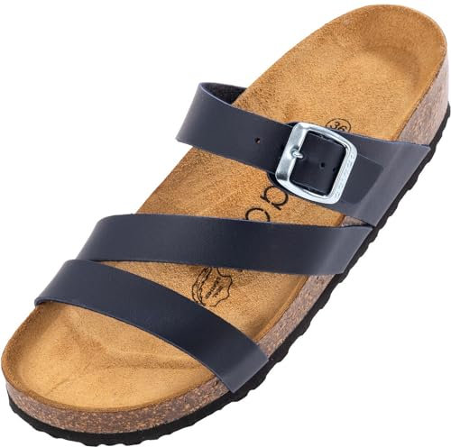 Palado Pantoletten Damen Chios - bequeme Sandalen Made in Spain - Hausschuhe mit dämpfendem Kork-Fußbett - modische Sommerschuhe Basic Blau Matt UK9 - EU42