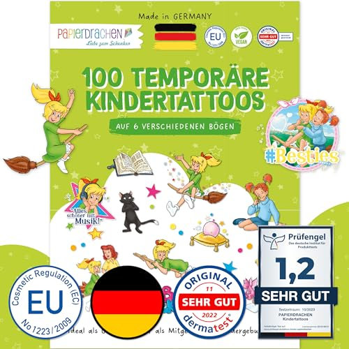 Papierdrachen 100 Tattoos für Kinder - Hautfreundliche Kindertattoos Bibi Blocksberg - kindgerechte Designs - als Mitgebsel oder Geschenkidee - 100% vegan & dermatologisch geprüft