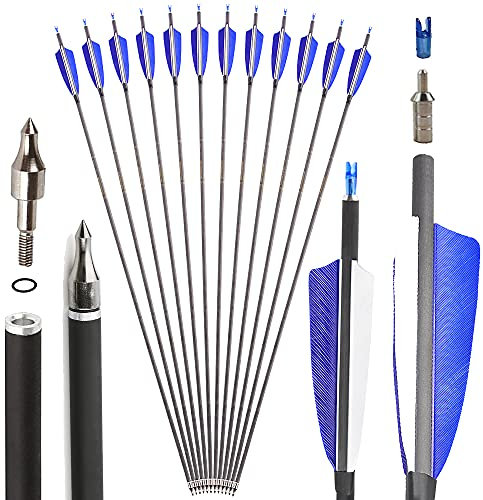 SHARROW 33 Zoll Carbon Pfeile für Bogenschießen Carbonpfeil Spine 400 Jagd Pfeile Carbon Jagdpfeile mit 4 Zoll Natürliche Federn Pfeile für Pfeil Bogen Recurvebogen Compoundbogen Jagd (blau, 12p)