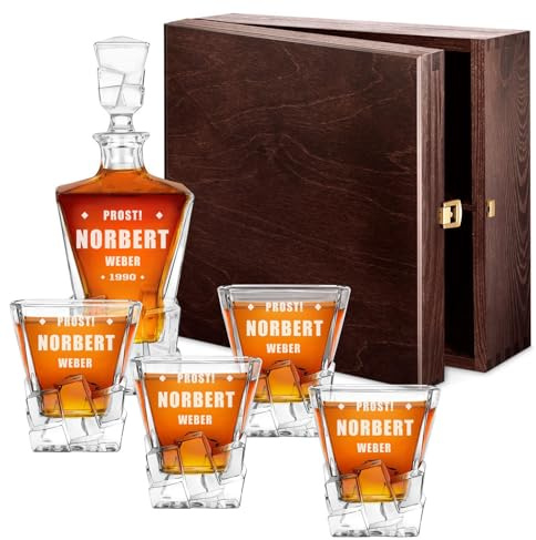 Maverton Ice Blink Whiskey Karaffe + 4er Whiskygläser Set mit Gravur | Whisky Dekanter, luxuriöses Design, Kristallglas, für Männer zum Geburtstag, Prost