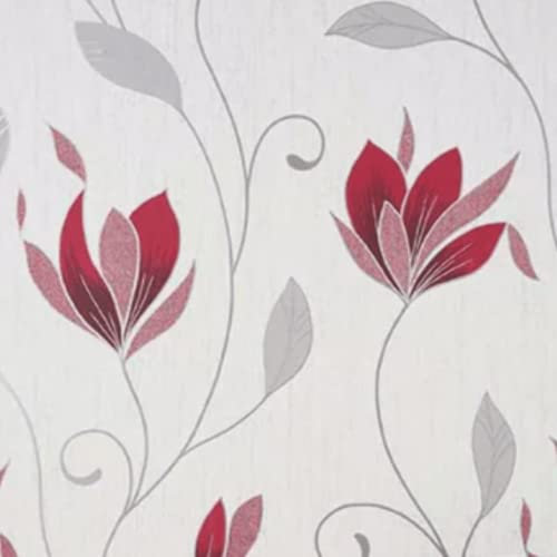 Crown Synergy Floral Red and Grey Wallpaper Textured Vinyl Feature Wall