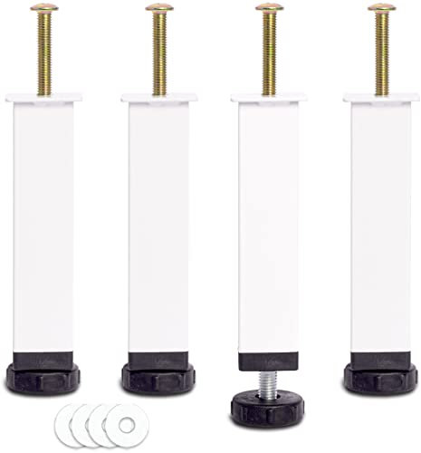 HAOMEO Pied de Lit, Pieds pour Sommier à Lattes Universel | Hauteur: 25cm(+2cm) Reglable | Design: Blanc | Matériel: Metal | Carré: 3x3cm | pour Les Cadres | avec Boulon M8×60mm | Lot de 4