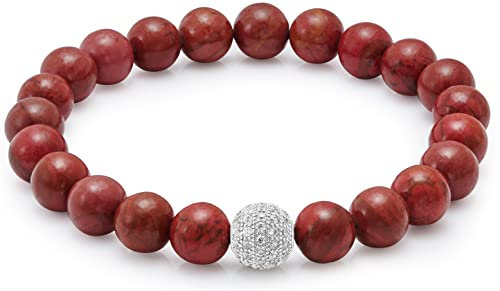 day.berlin Premium Jaspis Perlenarmband in Rot, Damen Naturstein Armband mit echten 8mm Edelsteinen, flexibles Zugband 18cm lang, handgeknüpft mit Pave Zirkonia Perle, versilbert