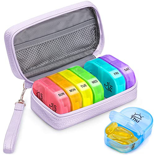 AUVON Purple PU Leather Bag Pill Boxes 7 Day 2 Times a Day, Large AM/PM Pill Box Organiser with Portable Zipper Leather Bag for Holding Supplements, Vitamins and Fish Oils