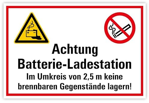 Aufkleber Warnung „Achtung Batterieladestation Im Umkreis von 2,5m...“ Hinweis Schild Folie selbstklebend | Größen wählbar Made in Germany, Größe: 40x60cm