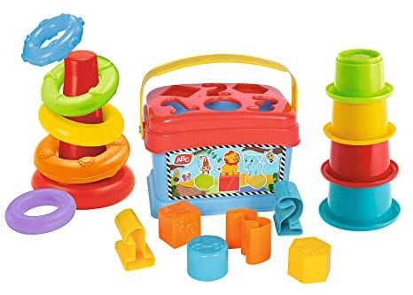 Simba ABC First Learning Spielset, 3 in 1 Box, Ringpyramide, Stapelbecher und bunter Sortiereimer, 18 Teile, Babyspielzeug ab 12 Monate