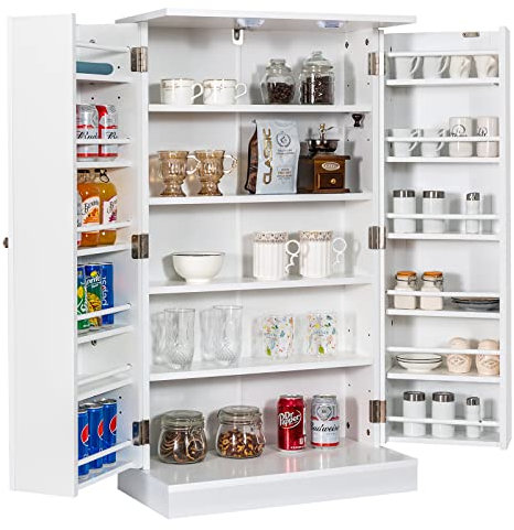 GOPLUS Armario de Cocina 104 CM con 2 Puertas, Mueble de Almacenaje Autoportante con Estantes Ajustables, Dispositivo Antivuelco, Despensa para Cocina, Dormitorio, Garaje (Blanco)