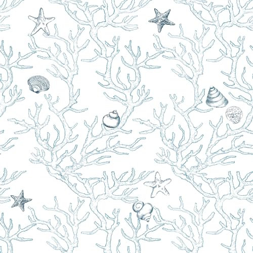 WENMER Floral Wallpaper Peel and Stick 17.7” X 118” Light Blue/White Floral Wallpaper Ocean Coastal Coral Reef/Seashell/Starfish Contact Paper Self Adhesive Removable Wallpaper for Bathroom Kids Room