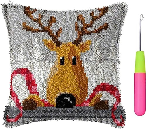 KanDuo Handcrafts Knüpfteppich-Häkelsets, Knüpfkissen-Sets, Weihnachts-Rentier-Kissenbezug, unvollendeter Wurfkissenbezug, Stickset mit bedruckter Leinwand (Farbe: Rentier) (Color : Reindeer)