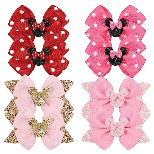 JOYOYO 8 Pcs Medium Size Hair Clips for Girls - Glitter and Polka Dot Bows, Mouse Ear Accessory Minnie Ears