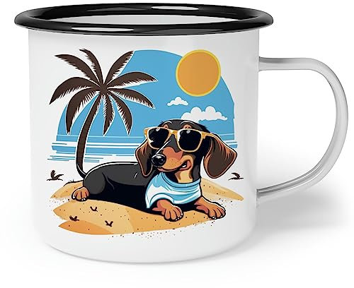 OM3® Linda taza esmaltada con diseño de perro salchicha perro perro | Taza esmaltada | 300 ml | impresión en ambos lados | blanco y negro