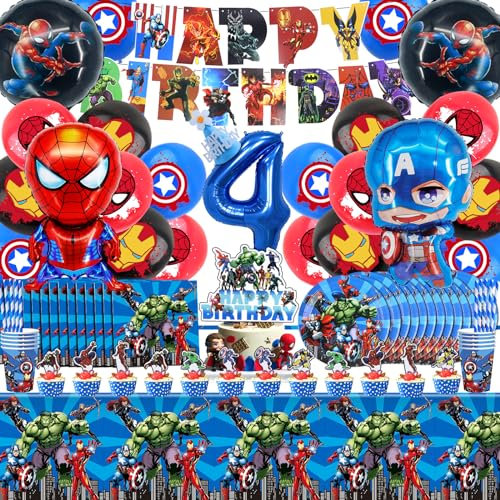 101 Pezzi Supereroi 4 anni Stoviglie per Feste Compleanno, Supereroi 4 anni Palloncini Foil per Feste, Piatti Compleanno Tovaglioli Tovaglie Kit Bambino