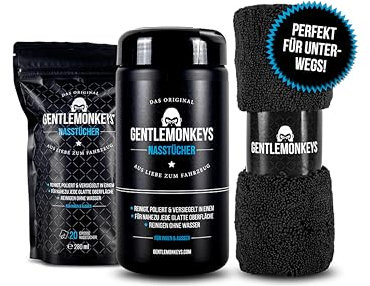 GENTLEMONKEYS Profi Autopflege Set (20 Nasstücher + 20er Refill + 1 Mikrofasertuch) • Auto waschen ohne Wasser • Pflegeset für Innen & Außen • Für Auto & Oldtimer • Tuch-Größe: 20x33 cm