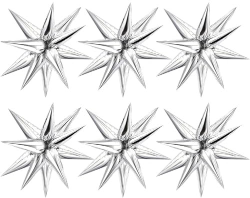 VIKY® 6 Stück Explosionsstern Luftballons Silber,22 Zoll 4D Folienballons,Hochzeitsdeko Heliumballon,Stern Party Deko Ballons für 70 80 90er Jahre Deko Disco Tanz Feve Theme,Geburtstag Party Karneval
